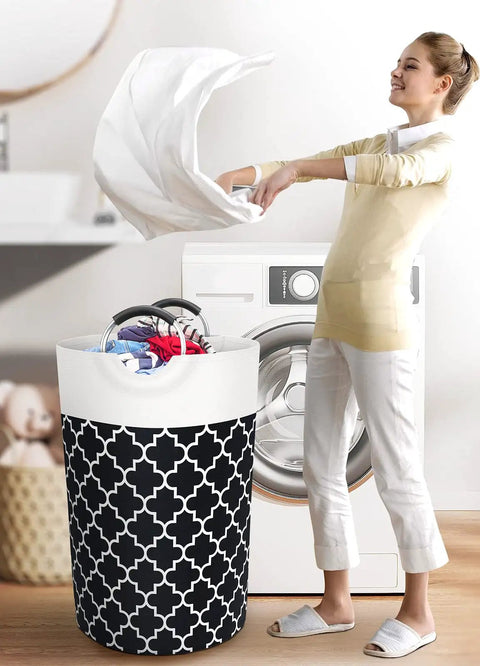 Tall Collapsible Laundry Basket With Soft Grip Aluminum Handles, 115L Waterproof Hamper For Dorm And Travel in Black Pattern