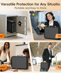 Fireproof Document Box With Lock, Waterproof Hard Shell Safe For Home Office shown in different settings: home, office, travel.