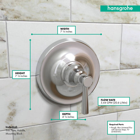 Joleena Transitional Pressure Balance Shower Valve Trim In Chrome With Quiet Operation And Smooth Temperature And Flow Control Boss Level Performance Powered By Ibox Universal Plus Rough In Wall Vibration Reduction, dimensions labeled.