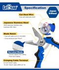 7 Inch Angled Electricians Shears For Wire And Cable Cutting, Multi Function Cutting Tool With Stainless Steel Blades, 45 Degree Angle, Ergonomic Grip, Built Tough Pro Grade Japanese 4034 Steel specifications diagram.