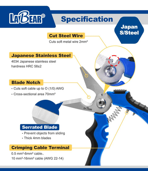 7 Inch Angled Electricians Shears For Wire And Cable Cutting, Multi Function Cutting Tool With Stainless Steel Blades, 45 Degree Angle, Ergonomic Grip, Built Tough Pro Grade Japanese 4034 Steel specifications diagram.