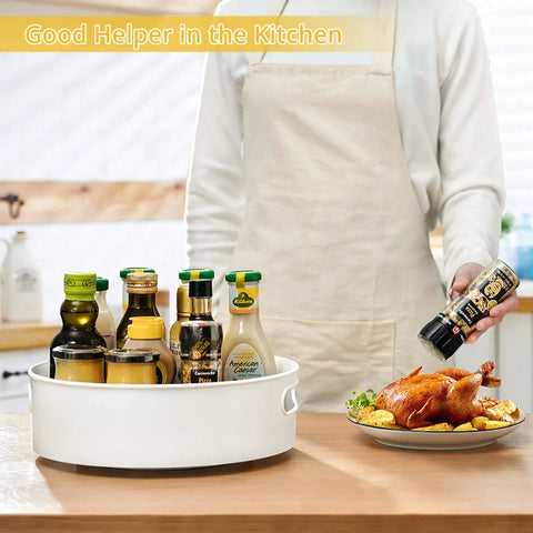 Person using 360 Degree Rotating Lazy Susan Turntables Two Size Pack 9 Inch And 12 Inch for organizing kitchen spices.