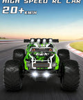 Front view of Rugged Dino Theme RC Monster Truck for Kids Ages 4 to 12 blazing 20kmh speed on a racing track.