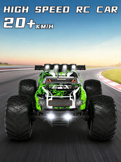 Front view of Rugged Dino Theme RC Monster Truck for Kids Ages 4 to 12 blazing 20kmh speed on a racing track.