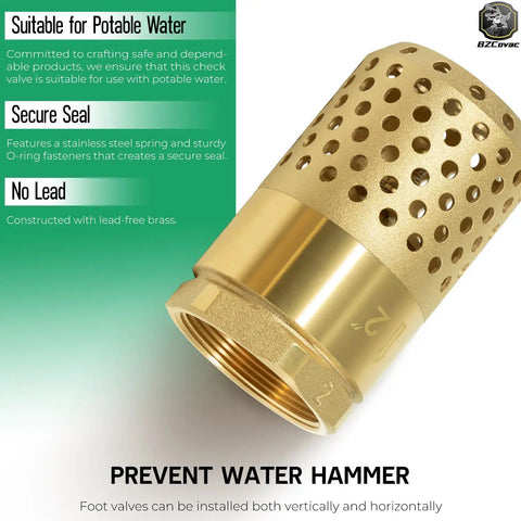 2 Inch Brass Foot Valve With Mesh Strainer And Backflow Prevention, Universal One Way Female NPT Check Valve For Irrigation