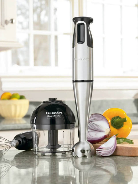 Slick 200 Watt Immersion Hand Blender With Brushed Stainless Steel Build, ergonomic grip, and chopper attachment on kitchen counter.