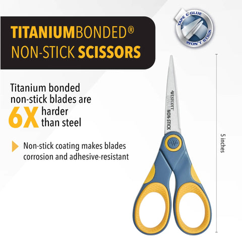 5-Inch Non-Stick Titanium Scissors With Glide Adjust Technology for office and home craft, gray and yellow, shown with details