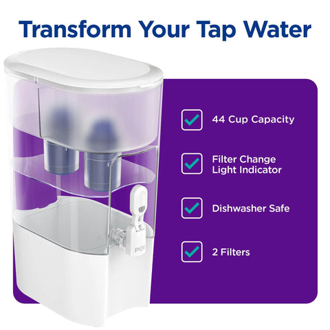 XL 44 Cup Water Filter Dispenser With Genuine PUR Filters, 2 In 1 Fast Filtration, largest capacity, dishwasher safe, easy pour.