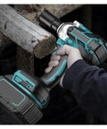 Heavy Duty Brushless Impact Wrench in use gripping a log, showcasing ergonomic design and rechargeable lithium battery.