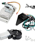 RV Step Motor Conversion Kit with curved linkage, control unit, wires, and hardware for electric RV steps, easy install, no wiring needed.