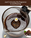 Close-up view of coffee brewing in a crystal glass top of a stovetop espresso maker 6 cup 240ml classic moka pot with stainless steel base