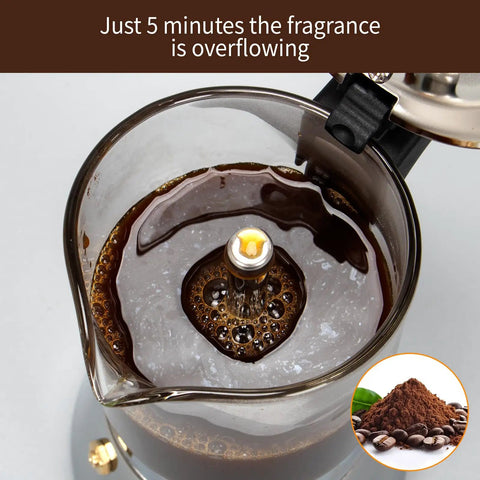 Close-up view of coffee brewing in a crystal glass top of a stovetop espresso maker 6 cup 240ml classic moka pot with stainless steel base