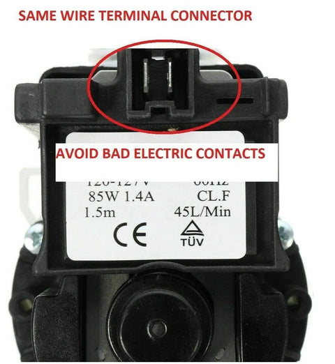 Front Load Washer Pump Replacement Fits W10241025 W10321032 46197020 with wire terminal close-up and safety label.