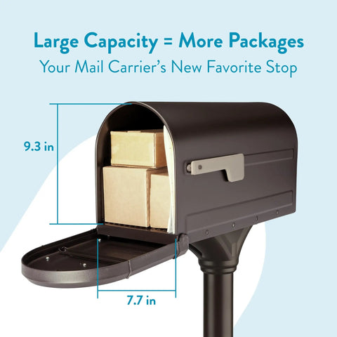 Roxbury Weather Resistant Steel Mailbox With Post Rubbed Bronze Finish Medium Curbside Mailbox With Magnetic Latch open view showing capacity