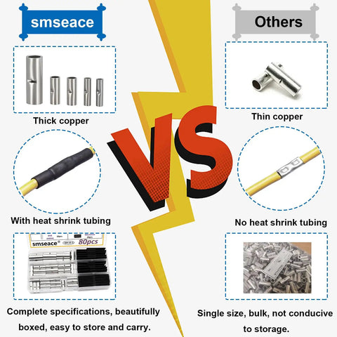 Comparison of 80 Piece Non Insulated Butt Connectors Kit 4 6 8 AWG With Heat Shrink Tubing vs thin copper connectors