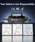 36V 25A LiFePO4 Charger With 38.4V Ready Output, IP65 Waterproof Beast Build, product with safety certifications displayed.