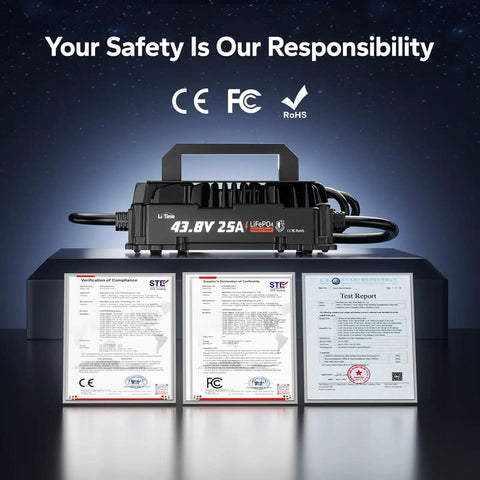 36V 25A LiFePO4 Charger With 38.4V Ready Output, IP65 Waterproof Beast Build, product with safety certifications displayed.
