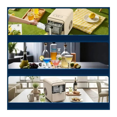 Quick Freeze Countertop Ice Maker For Home And Dorm slams out fast cubes in minutes with fresh cocktails and snacks nearby.