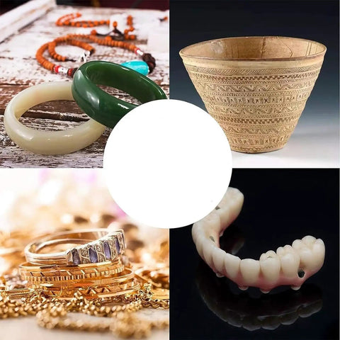Professional Grade Dental Lab Dust Collector Box With Bright LED Viewing Window And Slick Dual Filter System For Precision Sandblasting Jewelry Crafts Woodworking Projects Built Tough For No Hassle Setup And Clean Shop Vibes Daily. Jewelry and crafting items including rings, bangles, and a decorative bowl.