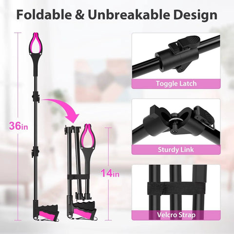 Front view: 36-inch foldable reacher grabber with pink handle, rotating jaw and Velcro strap.
