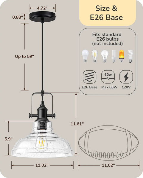 Killer Matte Black Pendant Light With Handcrafted Seeded Glass Shade For Kitchen Island Dining Table Bringing Serious Farmhouse Vibe To Your Daily Setup Today, dimensions and E26 base details.