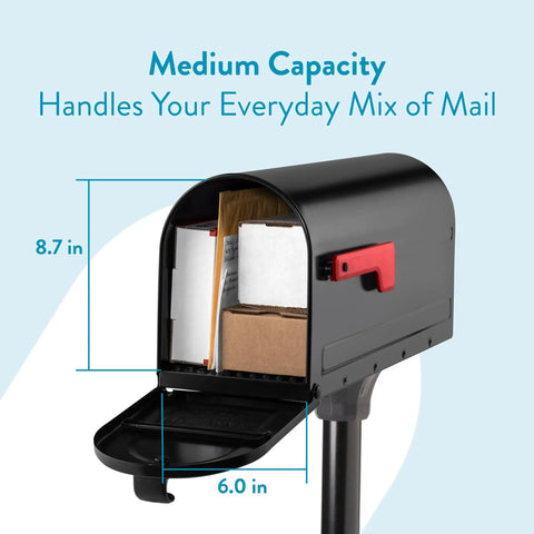 Mount Mailbox And In Ground Post Kit For Outdoor Use Medium Black Weatherproof Metal Set showing open with mail inside.