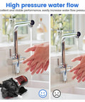 Premium 12 Volt Diaphragm Water Transfer Pump 7 GPM Flow Rate 75 PSI Max Pressure demonstrating high pressure with hands under faucet.