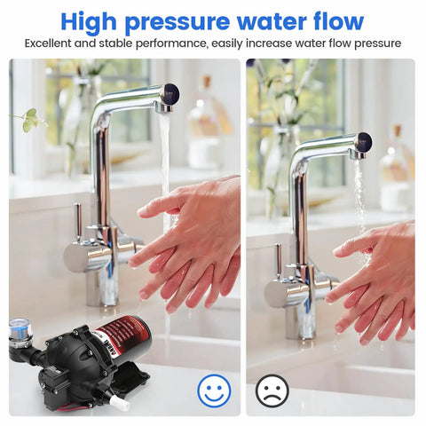Premium 12 Volt Diaphragm Water Transfer Pump 7 GPM Flow Rate 75 PSI Max Pressure demonstrating high pressure with hands under faucet.