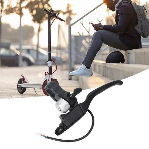 Electric Scooter Left Hand Brake Lever With Bell Hall Effect Waterproof Aluminum Alloy Handle Controller Replacement Brake Lever For Xiaomi E Scooter Durable Non Slip Quick Install Enhanced Braking Power And Reliable Performance Heavy Duty shown with a parked e-scooter and a person seated nearby.