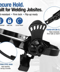 Close-up of Premium Heavy Duty Welding Helmet Adapter Quick Release Hard Hat Mount showcasing nylon clips and spring steel band.