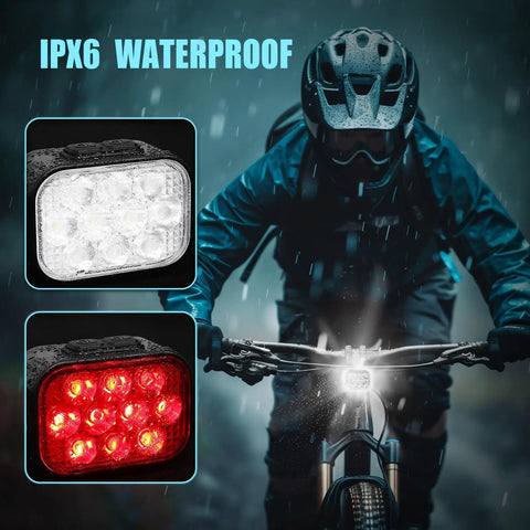 Front And Rear Bike Lights Set With 10 LED Ultra Bright Beams USB Rechargeable 8 Front Modes And 9 Rear Modes IPX6 Waterproof 1100mAh Battery Up To 35 Hours Runtime Great For Night Rides And Ride Safe On The Streets