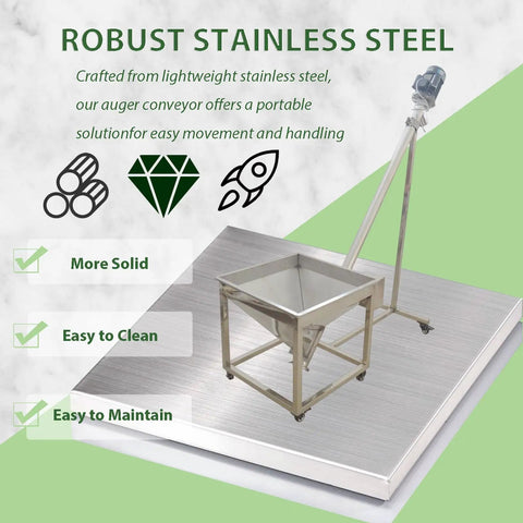 Heavy Duty Incline Auger Screw Conveyor For Industrial Feeding, stainless steel, shown with hopper on robust platform.