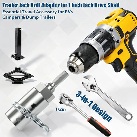 Upgraded Trailer Jack Drill Adapter Fits Standard One Inch Drive Shaft with cordless drill and accessories for utility trailers.