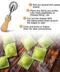 Ravioli Crimper Cutter Wheel For Home Kitchen Use 1.3 Inch Pastry Wheel Cutter with fluted edge and wood handle on table.