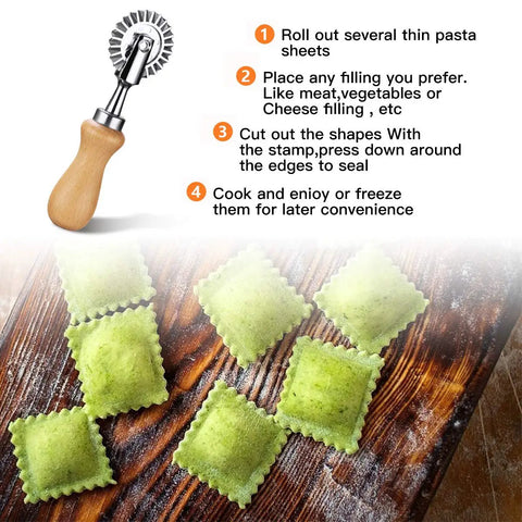 Ravioli Crimper Cutter Wheel For Home Kitchen Use 1.3 Inch Pastry Wheel Cutter with fluted edge and wood handle on table.