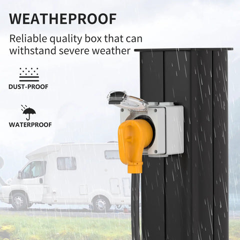 50 Amp NEMA 6-50R Power Outlet Box With Protective Weatherproof Enclosure in rain showing dustproof feature