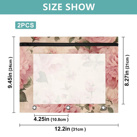 Floral Roses Zippered Coupon Binder Organizer for school supplies, 12.2x9.45 inches, zippered case with floral design and 3-ring holes.