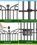 Decorative No Dig Garden Fence With Gate, 12 Panel Set, 42 Inch High, rustproof metal wire panels showcasing installation and lock details