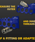 Pro Grade Thread Identification Kit With Pitch Gauge And Fitting Cards, Six Measurement Cards for fittings, showing outer and inner thread use