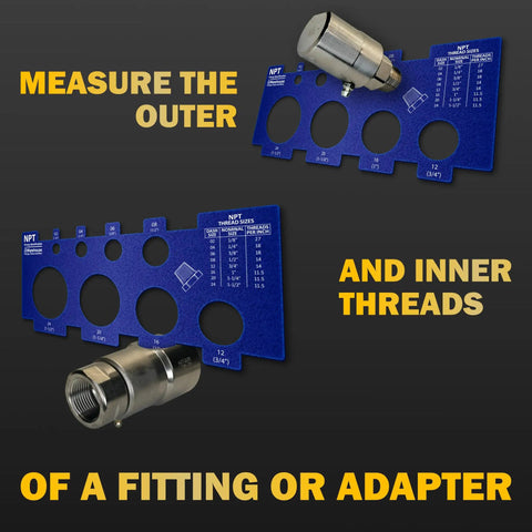 Pro Grade Thread Identification Kit With Pitch Gauge And Fitting Cards, Six Measurement Cards for fittings, showing outer and inner thread use