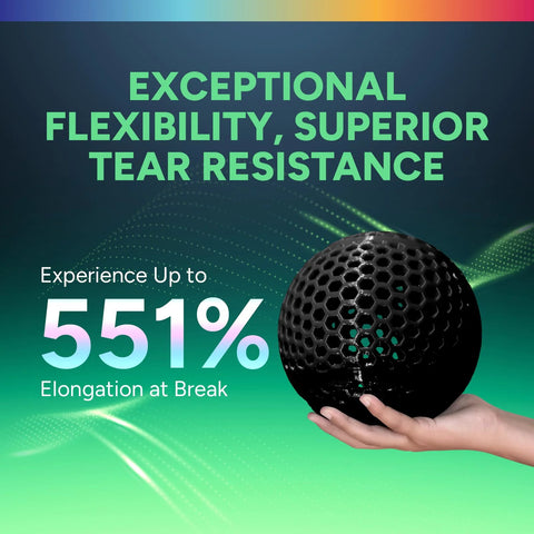Overture TPU 1.75mm filament banner showing green gradient background and a hand holding a black perforated sphere.