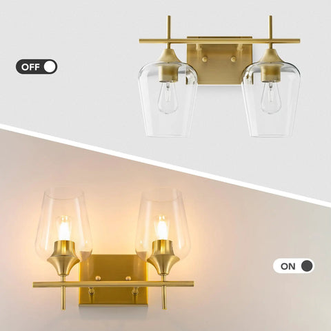 Two Light Brushed Gold Vanity Light With Clear Glass Shades For Bathroom Over Mirror Modern Wall Sconce, off and on view