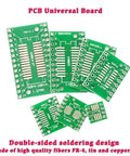 90 Piece SMD To DIP Adapter Set Double Sided PCB Converter Board for IC chips, various green PCBs on white background