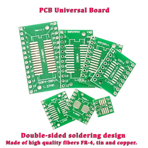 90 Piece SMD To DIP Adapter Set Double Sided PCB Converter Board for IC chips, various green PCBs on white background