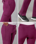 Snap Up These Super Comfy Women's Extended Drawstring Scrub Pants With Skinny Cargo Pockets The Low Key Go To Pick For Nurses And Clinics On Long Shifts Straight Up Professional Care In Wine Size Large, showing deep side and back pockets.
