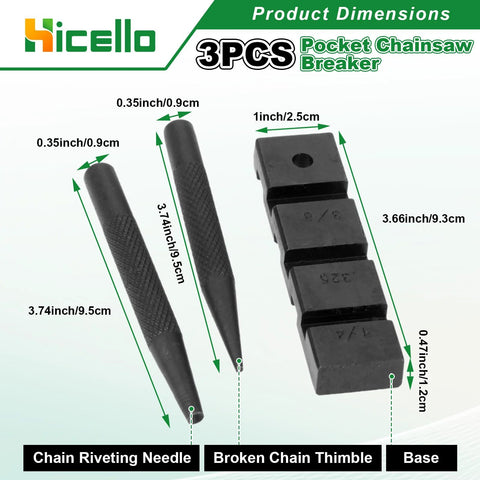 Hicello 3PCS pocket chainsaw breaker repair kit with rivet needle, broken chain thimble and base, black
