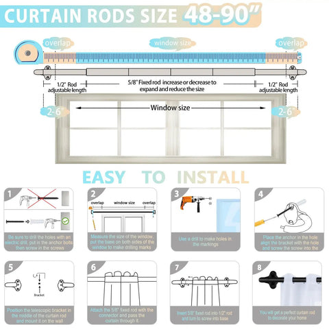 Installation guide for Wrap Around Black Curtain Rod Set Adjustable 48 To 84 Inch 5/8 Inch Diameter Matte Black Hidden Curved Design