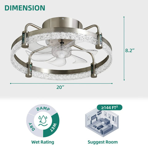 20 Inch Low Profile Ceiling Fan With Lights, Flush Mount Enclosed Bladeless Design, Quiet Reversible DC Motor, Brushed Nickel Finish