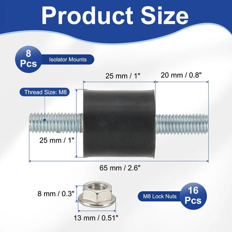 M8 Rubber Isolator Mounts 25x25mm 65mm Height 8 Pack With Lock Nuts Dope Vibration Dampers For Motors Air Compressors Engines Shock Absorbers Anti Vibration Mounts with size diagram