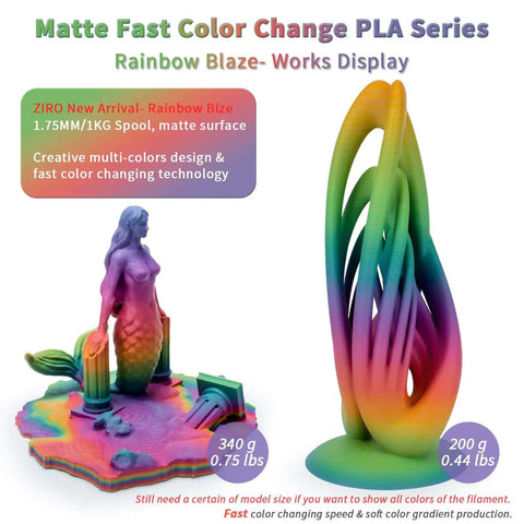 Rainbow Blaze Matte Color Changing PLA Filament for 3D Printing, showcasing vibrant models and fast color shift technology.